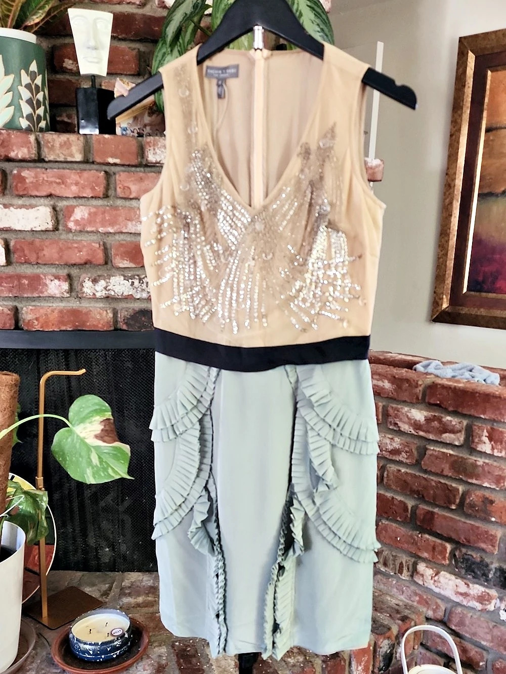 French Connection Embellished Midi Dress in Green & Beige